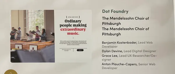 A photographed awards-submission slide crediting the Dot Foundry team behind the Mendelssohn Choir redesign