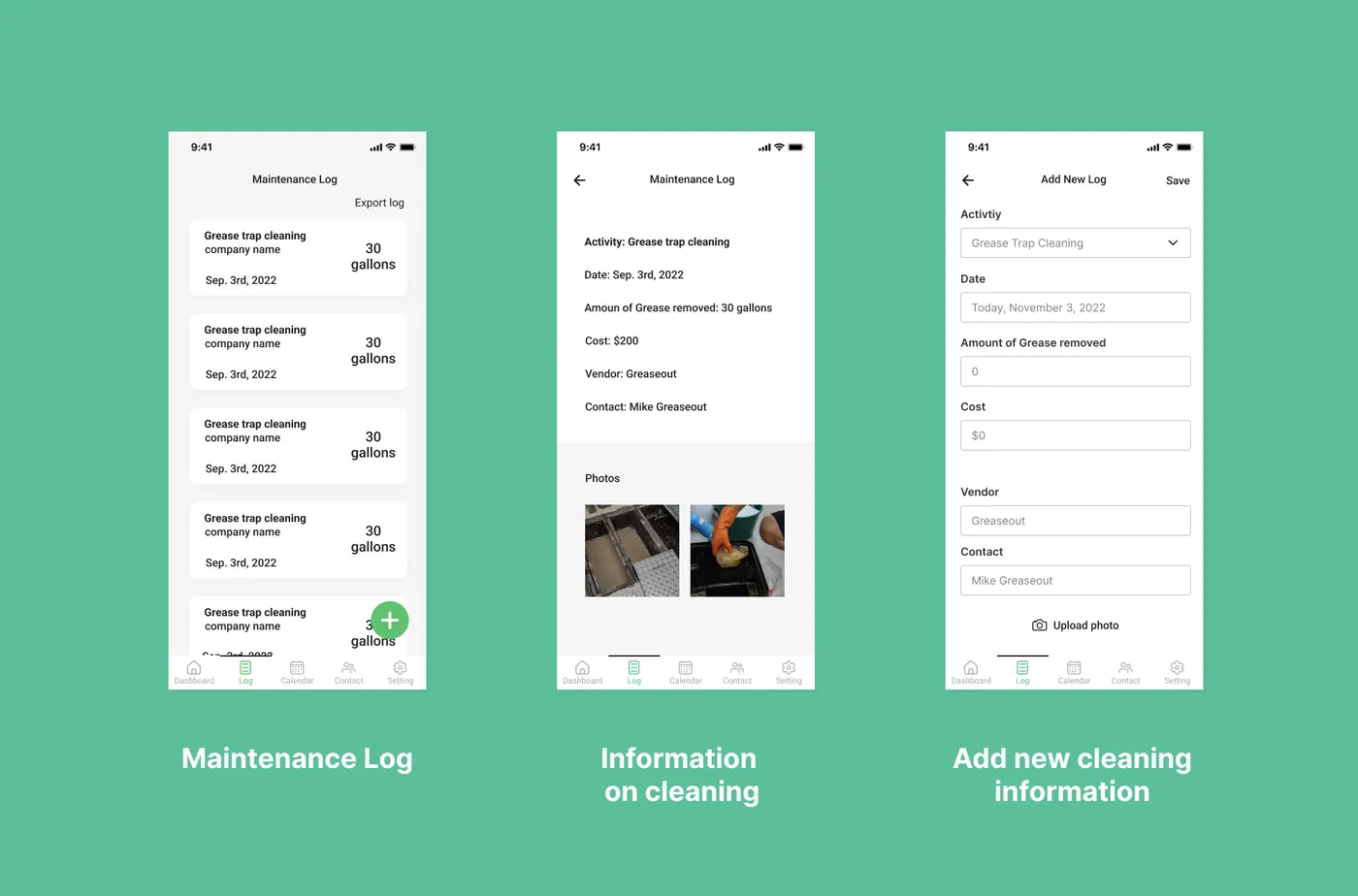 Three mockup screens showing the maintenance log list, a log detail view with photos, and the add-new-log form
