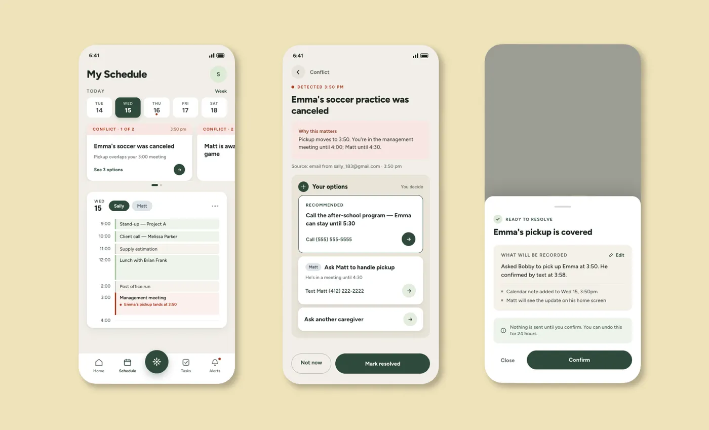 Three mockup screens: a schedule with a flagged conflict, conflict detail with recommended options, and a confirmation screen before anything is sent