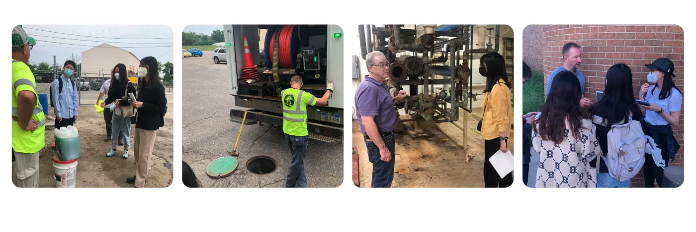 Four field photos: interviewing a restaurant owner, a hauler cleaning a grease trap, touring a treatment plant, and interviewing staff outside a building