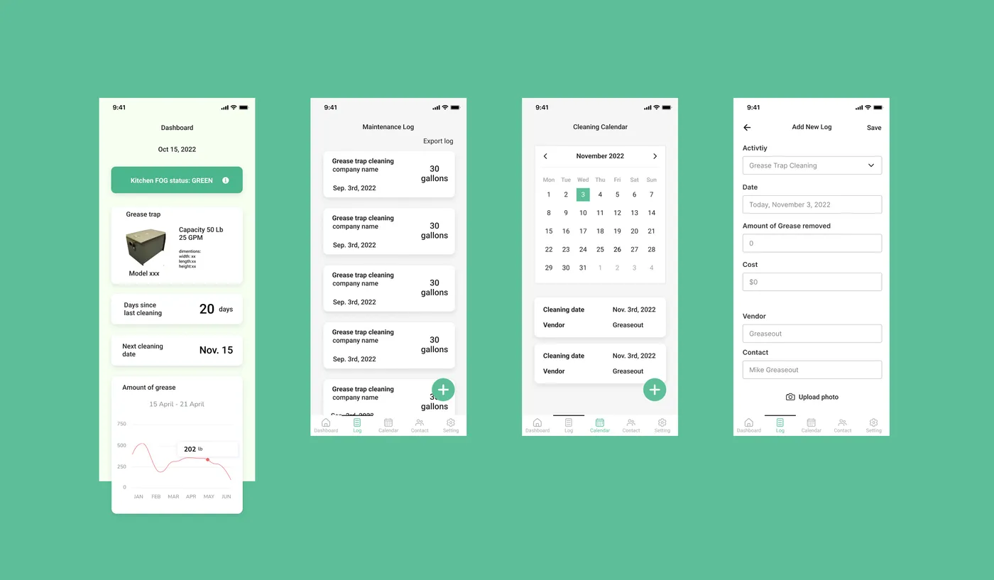 Four mockup screens: dashboard, maintenance log, cleaning calendar, and add new log form