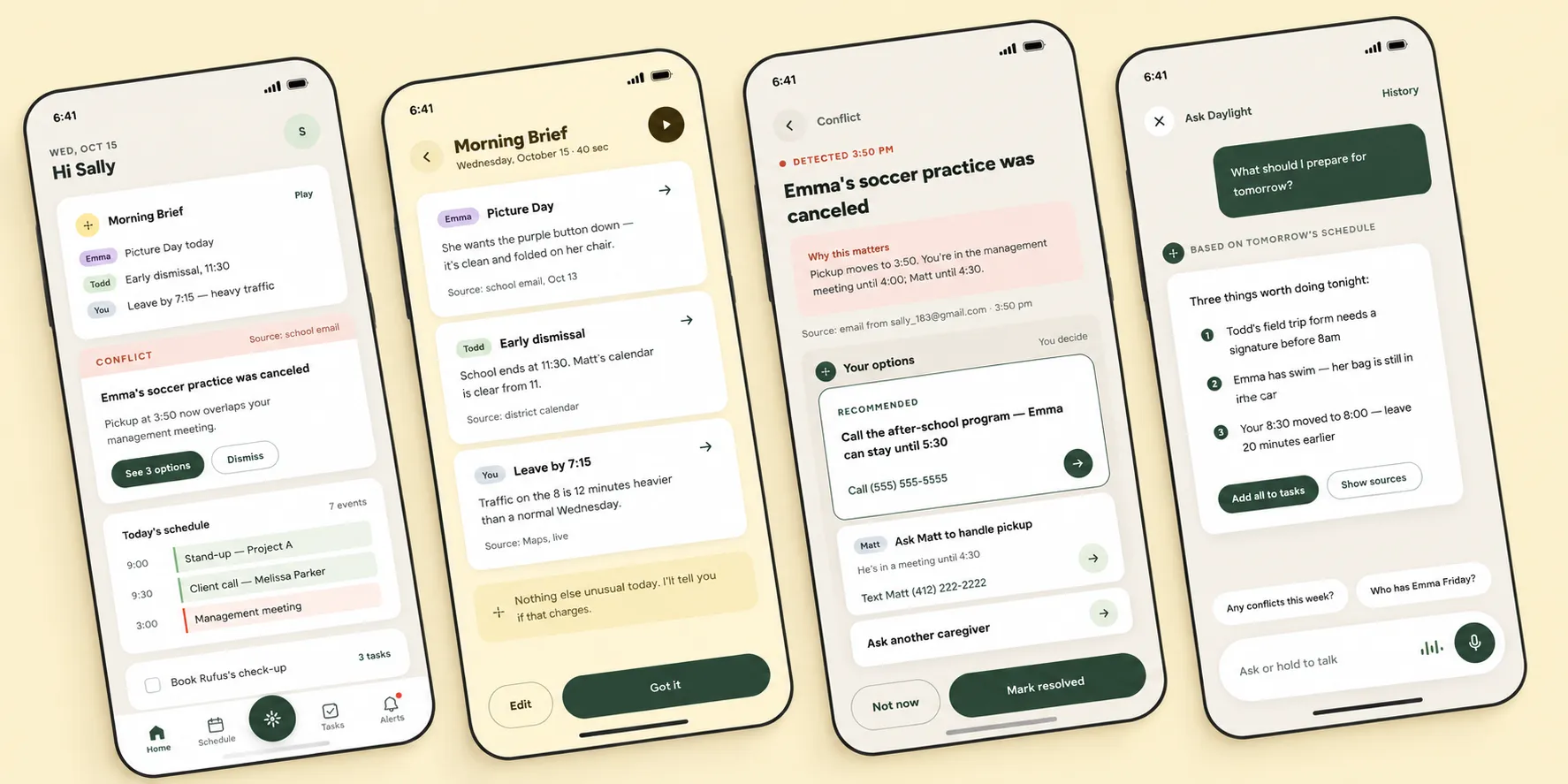 Four Daylight app screens: home with morning brief and a scheduling conflict alert, the morning brief detail, the conflict resolution options, and the Ask Daylight assistant chat
