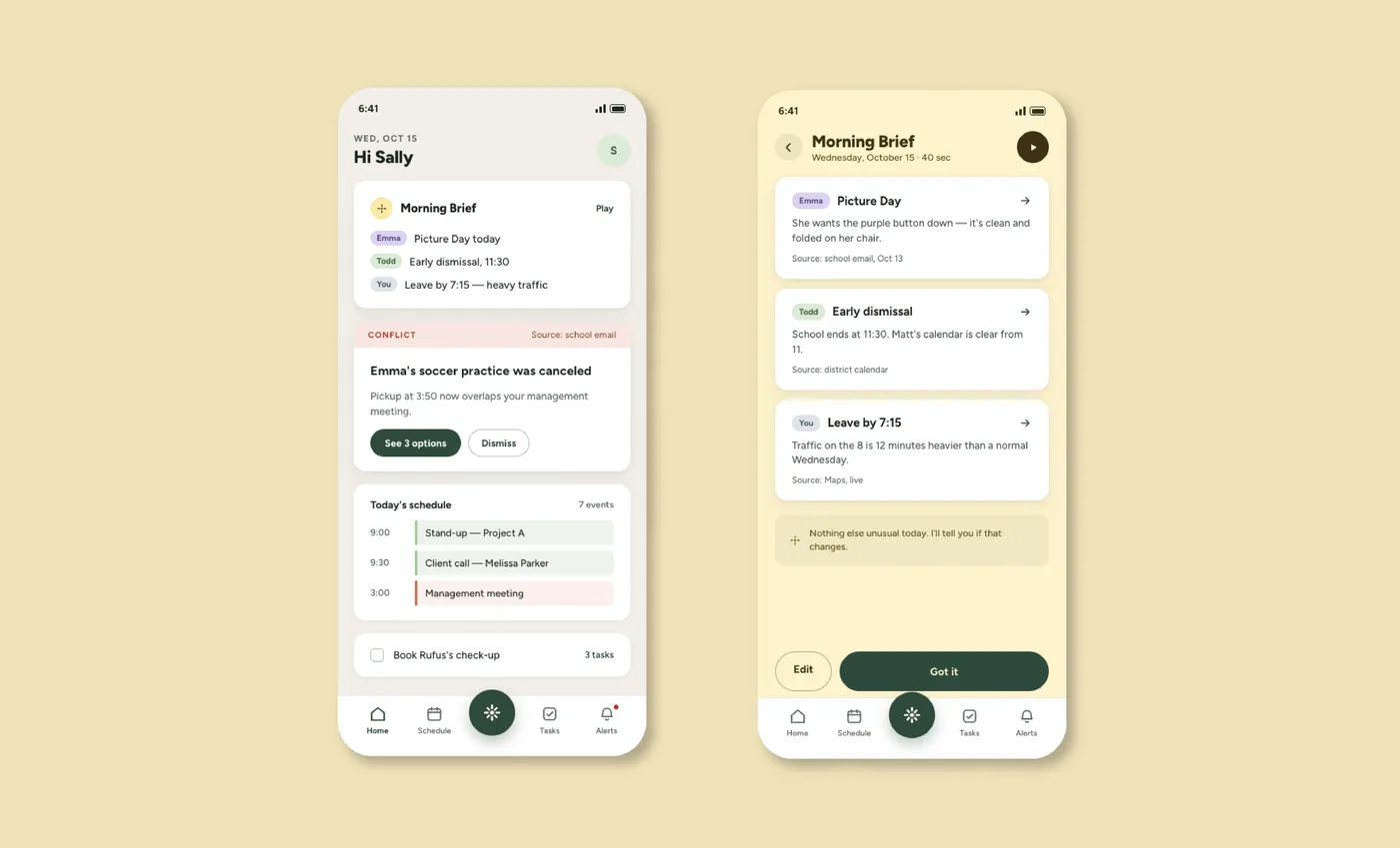 Two mockup screens: a home screen with a Morning Brief card and schedule conflict, and the Morning Brief detail view
