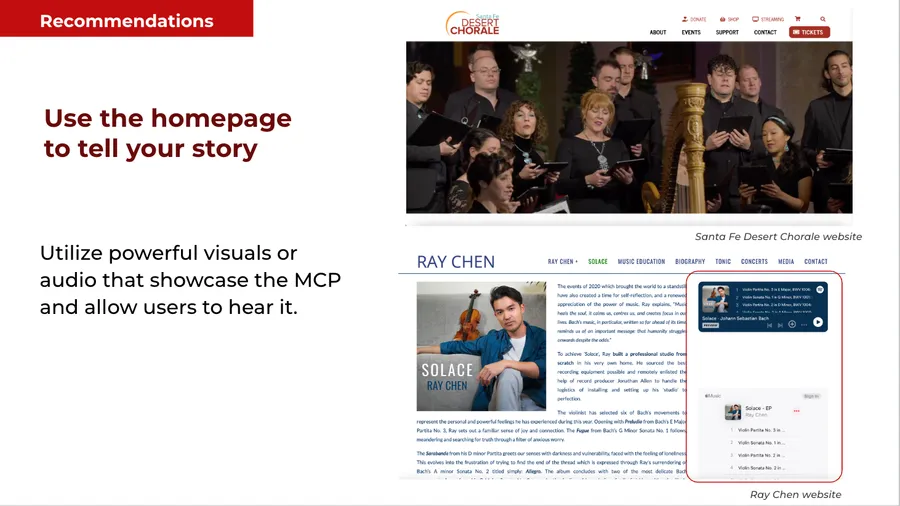 UX recommendation slide: use the homepage to tell the choir's story, referencing the Santa Fe Desert Chorale and Ray Chen websites
