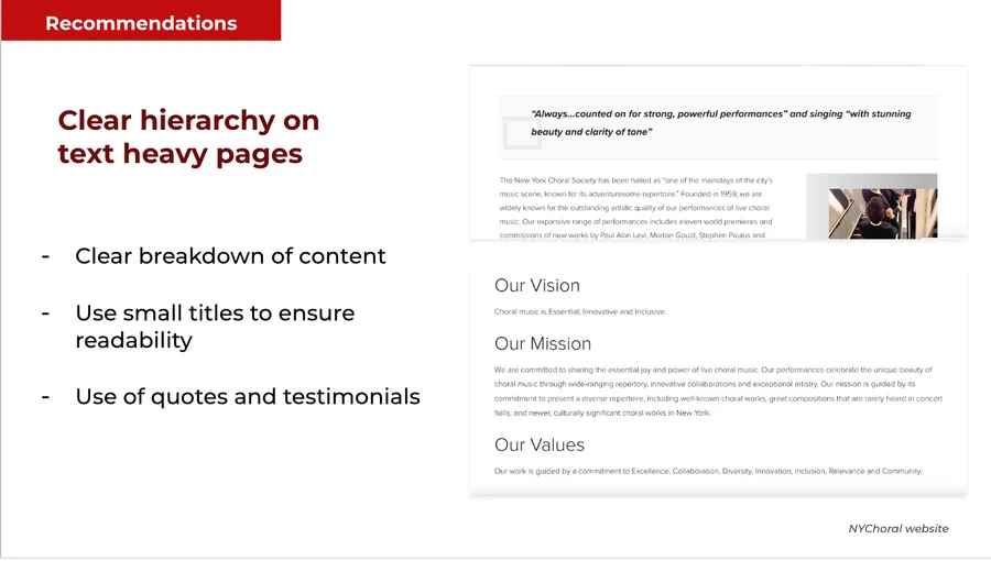 UX recommendation slide: establish clear hierarchy on text-heavy pages, referencing the New York Choral Society website