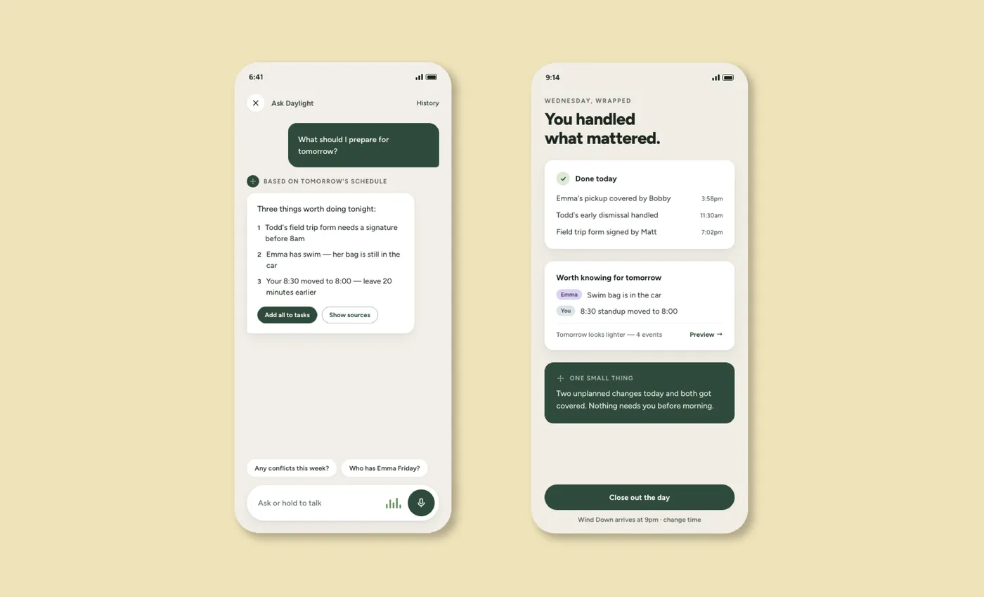 Two mockup screens: the Ask Daylight assistant preparing for tomorrow, and a Wednesday Wrapped recap of what got handled today